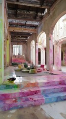 Poster - Colorful room filled with various paint supplies and tools creating an artistic and creative vibe