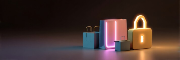 Poster - Secure Online Payment Concept Featuring Glowing Lock and Package Icons in a Modern Setting Generative AI