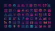 © Jeet - Neon icons collection with financial, business, data analysis, email, security, and location tracking symbols.
