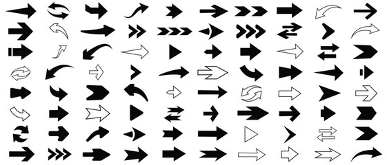 Fototapete - Collection of different arrow set vector design. Set of arrow icons.  Set of arrows icon vector and outline. Arrows for web design. Cursor outline. Different shape and size pointer set. Arrows icon.