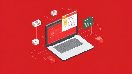 Laptop with Connected Tech Icons on Red Background