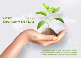 Fototapete - Poster illustration concept of World Environment's day with realistic seeding on human hand, wording of event, example texts on white background.