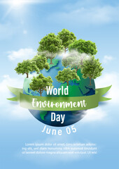 Fototapete - Poster illustration campaign of World Environment's day with global and realistic trees, wording of event on banner ribbon and example texts on blue sky background. All in vector design