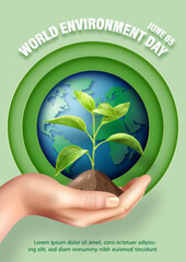 Fototapete - Poster illustration of World Environment's day in layers paper cut style with realistic seeding on human hand, wording of event, example texts and globe on green background.