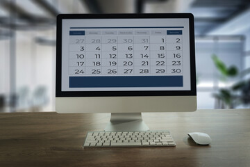 Poster - Event planner note on calendar businessman uses her smartphone and laptop to plan events, manage her schedule, and stay connected online