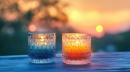 Poster - Warm orange and soft blue light glowing through textured candle glasses in dark setting