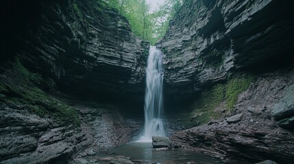 Poster - Scenic view of waterfall flowing into small pond amidst mossy rocks and cliffs covered with lush green vegetation, creating peaceful atmosphere in untouched nature