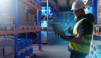 Poster - Woman in chemical warehouse. Storekeeper with laptop. Man works in fuel distribution center. Racks with barrels in warehouse. Storekeeper man with computer. Warehouse employee in yellow vest