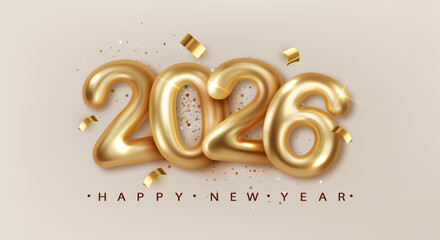 Wall Mural - 2026 new year gold metal numbers on festive background. elegant 3d vector greeting card design for m