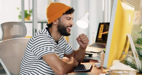 Poster - Excited, computer and creative man celebrate success with online competition, win and bonus. Male designer, technology and fist pump for internet achievement, approval or recognition for design