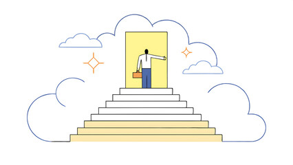 Aufkleber - open new opportunity door career development or business decision for new challenge success and achievement secret concept businessman reaching top of stairway open bright light opportunity door