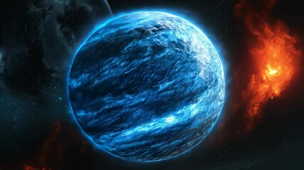 Poster - Glowing blue exoplanet in deep space with nebula in the background and other planets nearby, cosmic backdrop of a far-off world