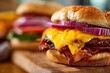 © Leo Rohmann - Delicious closeup of a gourmet cheeseburger loaded with crispy bacon sharp cheddar cheese fresh onion and vibrant vegetables creating an appetizing and mouthwatering culinary delight