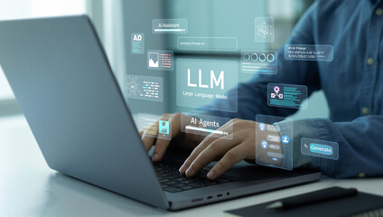 Poster - Large language model(LLM) with AI technology.User working on laptop in LLM,Data performrange language tasks,answering questions, summarizing information, translating languages, writing code.