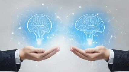 Aufkleber - Two glowing brain lightbulbs held in hands
