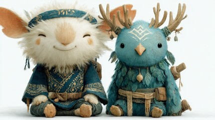 Poster - Two adorable stuffed animals dressed as elves realistically isolated on a bright white background for a magical touch