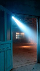 Poster - Open blue door shining light beam to empty interior with industrial building view through window panes
