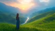 © Tejo - Serene woman contemplates a breathtaking terraced rice paddy landscape at sunrise.