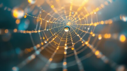 Water Droplet on Spiderweb with Blue and Orange Hues
