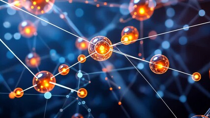 Poster - A futuristic depiction of molecular structures and neural networks, featuring glowing blue and orange digital connections, representing AI, quantum computing, and biotechnology