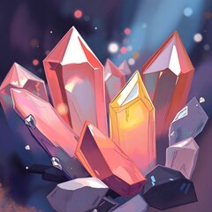 Wall Mural - A cluster of brightly colored crystals glows against a dark background, capturing light in hues of pink, purple, and amber. Soft bokeh effects add a magical ambiance to the scene.