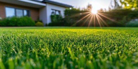 Wall Mural - A large house with a large yard and a bright sun shining on the grass. The sun is shining on the grass, making it look very bright and inviting