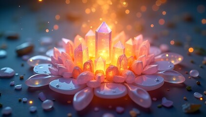 Wall Mural - Radiant crystals cast a warm, glowing light as they ascend from a lotus-like base, surrounded by scattered stones. The luminous scene creates a magical and ethereal atmosphere with sparkling particles