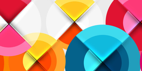 Poster - Abstract geometric shapes overlap, creating vibrant colorful design. Circles, squares, rectangles intersect on black background.