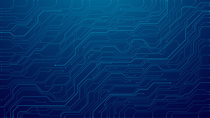 Fototapete - Futuristic blue wires on a circuit board on a dark technological background. Thin lines and dots. Great for web banners and presentations. Tech bg. Digital navy pattern. Big data and AI innovations.