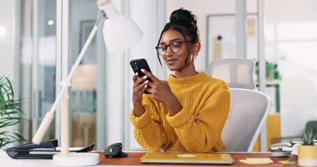 Aufkleber - Office, businesswoman and scroll with smartphone for chat, online communication and typing on app. Glasses, female person and designer on break with mobile, text message and reading on social media