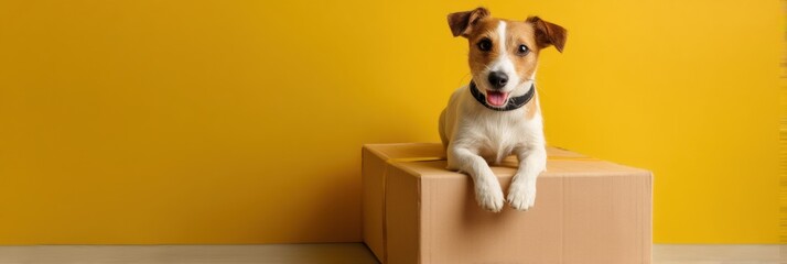 Aufkleber - Playful Dog Enjoys Lounging on a Large Delivery Package at Home, Bright Yellow Background Adds to the Fun Atmosphere Generative AI