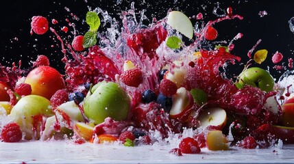 Poster - A colorful burst of raspberries, apples, and grapes mid-splash against white