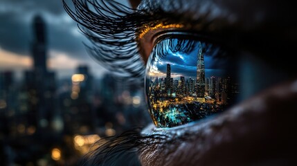 Aufkleber - Aerial skyline at night reflected in the eye of a woman looking toward the horizon