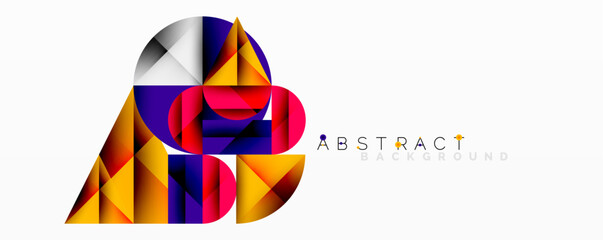 Fototapete - Bright geometric shapes form abstract design. Orange, purple, blue hues dominate composition. Minimalist style, modern aesthetic.