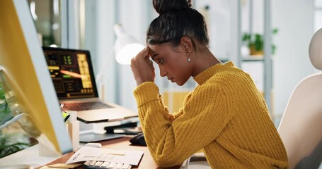 Poster - Frustrated woman, analyst and stress with computer for bad review, performance or statistics at office. Female person, employee or burnout with documents for financial crisis, debt or bankruptcy