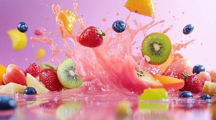 Poster - Colorful splash moment with fruits in motion, captured in juicy detail