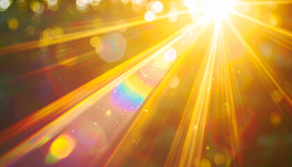 Wall Mural - bright sunlight beams create warm, golden glow with rainbow flares and soft bokeh effects. light ray