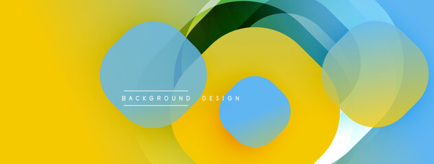 Fototapete - Abstract design features overlapping circles, gradients. Yellow, blue, green hues create dynamic visual effect. Modern background texture.