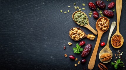 Poster - Decorative spoons with walnuts, cranberries, pumpkin seeds, and dates on a slate board