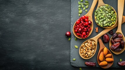 Poster - Decorative spoons with walnuts, cranberries, pumpkin seeds, and dates on a slate board