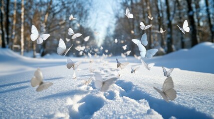 Poster - Delicate white butterflies fluttering through a serene, snow-covered forest