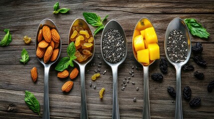 Aufkleber - Gourmet spoons filled with almonds, chia seeds, raisins, and dried mango on a rustic wood table