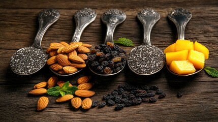 Aufkleber - Gourmet spoons filled with almonds, chia seeds, raisins, and dried mango on a rustic wood table