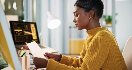 Aufkleber - Home, student and woman with document, laptop and review of tuition for university, serious and dorm. Reading, paperwork and person with info for college fee, education or planning for cost of course