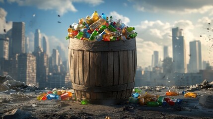 Poster - Rustic bin made of reclaimed wood filled with crushed plastic bottles, set against urban backdrop