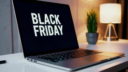 Poster - Home office workspace displaying black friday screen, laptop positioned near glowing lamp, highlighting comfortable work environment preparing for seasonal online shopping deals