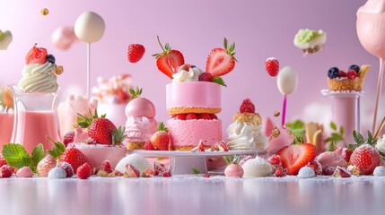 Poster - Whimsical dessert display with strawberry treats on pastel gradient background