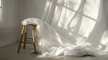 Poster - White fabric cascading over stool legs, natural light highlighting textures