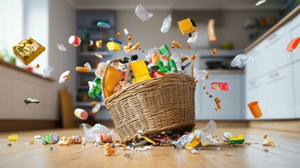 Poster - Wicker basket tipped over with plastic containers and wrappers scattered on a kitchen floor