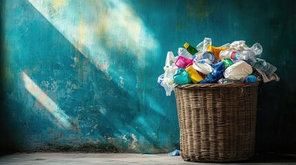 Poster - Wicker bin overflowing with everyday plastic waste, sitting in a laundry room corner